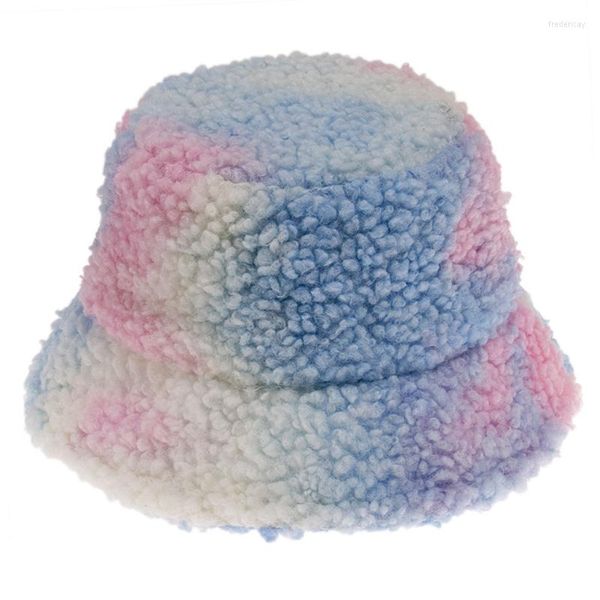 Berretti Donna Uomo Inverno Caldo Fluffy Peluche Cappello a secchiello Colorato Tie-Dye Stampato a tesa corta Protezione solare Hip Hop Cappuccio ripiegabile Goccia