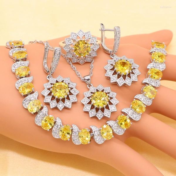 Halskette Ohrringe Set XUTAAYI Silber Farbe Damen Gelb Halbedelstein Anhänger Armbänder Ring Weihnachtsgeschenk