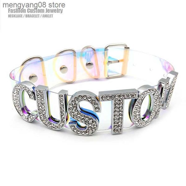 Collane con ciondolo Punk Sexy Nome personalizzato Girocollo Lettere Collana Donna Uomo Abbagliante Laser colorato PU Fibbia Collare Chocker Gioielli per feste Cosplay T230609