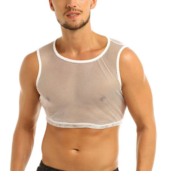 Regatas masculinas verão sexy malha transparente regata club transparente arrastão ajuste fino colete regata masculino para academia masculino musculoso cropped tops