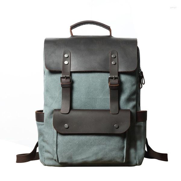 Mochilas de couro de lona vintage mochilas masculinas para laptop mochilas à prova d'água grandes enceradas masculinas de viagem à prova de desgaste mochila escolar