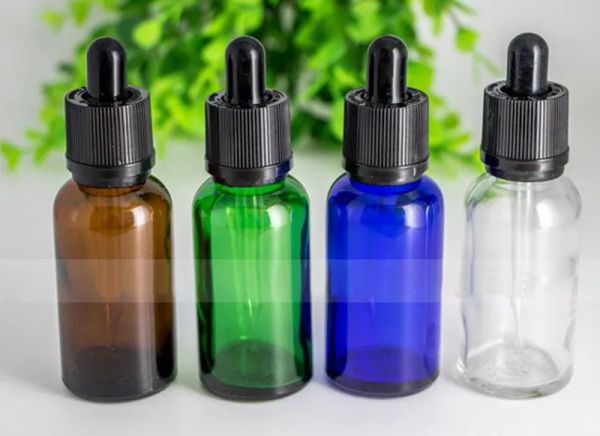 Schnelle Lieferung, 1 Unze, 30 ml, klare, bernsteinfarbene, blau-grüne E-Flüssigkeits-Tropfflaschen aus Glas mit kindersicheren Manipulationskappen und Glas-Augentropfpipetten