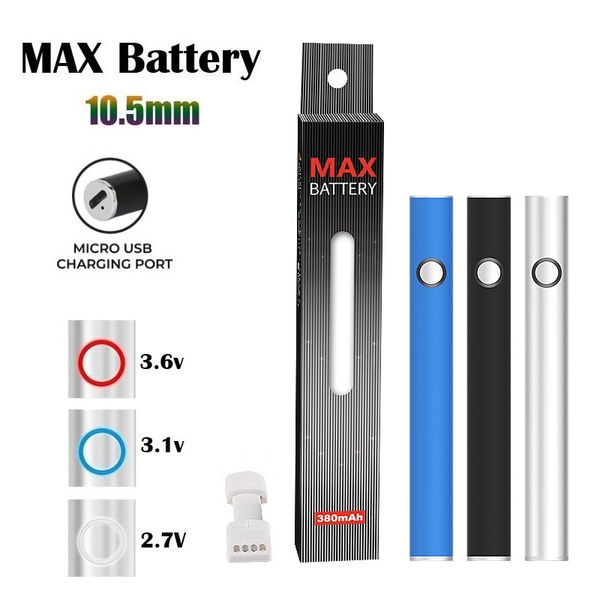 Bateria máxima do fabricante autêntico 10,5 mm de diâmetro Cartucho da bateria Passagem USB 350mAh Tensão de pré-aquecimento VV Vape Pen para 510 Fornecimento direto do fabricante