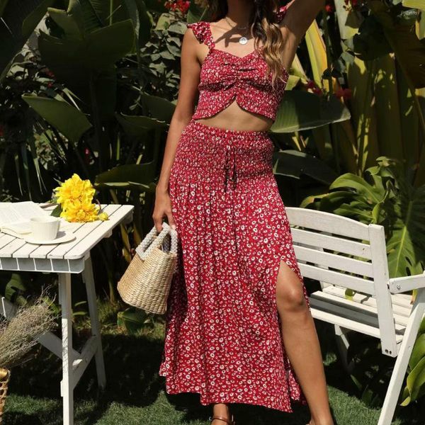 Arbeitskleider Frau Süße Rote Schlanke Floral Crop Camisole Anzug 2023 Sommer Weibliche Hohe Taille Elastische Midi Rock Anzüge Böhmischen Stil Strand