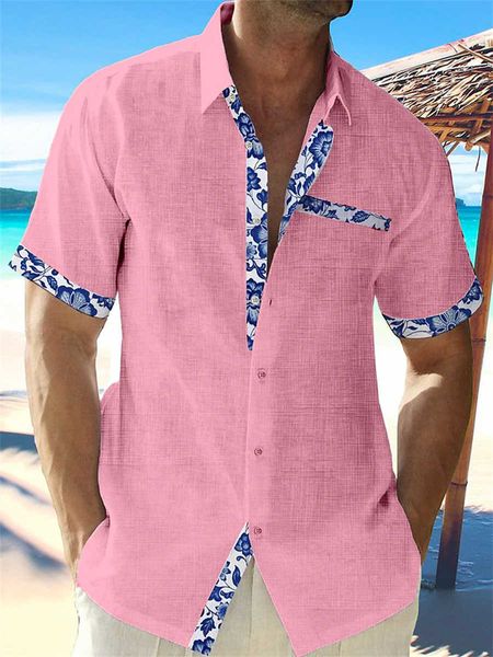 Camicia di lino da uomo hawaiana camicia di pizzo casual stampata tasca da spiaggia maniche corte giacca oversize 5 colori moda estiva 2023