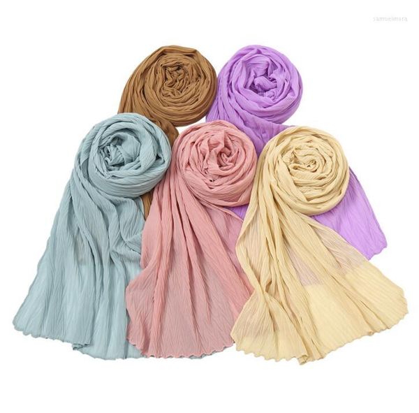 Шарфы мода малайзийская шифоновая шифоновая хиджаб морщин Большой размер мусульманский шарф с твердый цвет хиджаб Шаул 85x180см