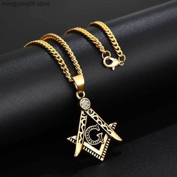 Colares com Pingente Símbolo Maçônico Vintage Colares Masculino Cor Dourada Aço Inoxidável Punk Fashion Freemason Mason Pingente Com 20-27