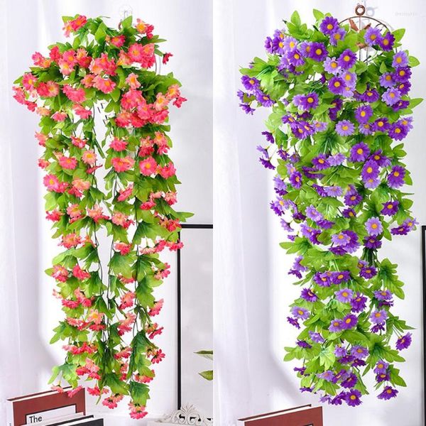 Flores decorativas artificiais pequeno crisântemo pendurado na parede videira decoração de casamento janela varanda flor falsa girassol roxo