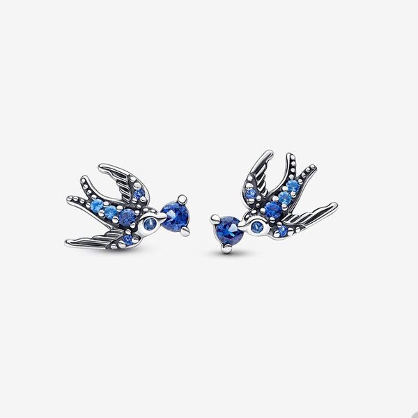 Brincos brilhantes de andorinha para pandora autêntica prata esterlina festa designer de joias brinco para mulheres azul cristal diamante lindo brinco com caixa original