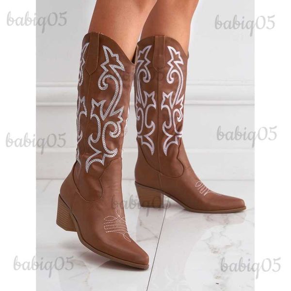 Botas Novas botas de cavalaria de salto grosso versáteis Western Cowboy com manga bordada botas de equitação médias grandes T230609