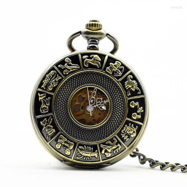 Карманные часы 5шт/лот топ антикварные бронзовые созвездия Zodiac Watch Quartz Fob Clob Мужчина Женские подарочные ожерелье PJX1084