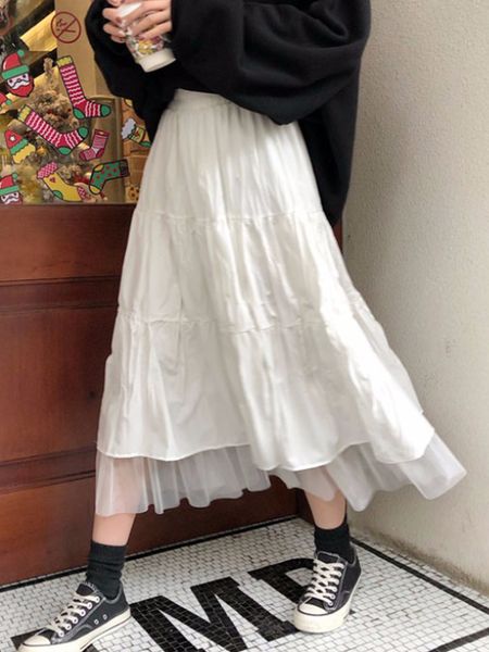 Saias boho saia longa para mulheres harajuku estilo coreano branco preto maxi adolescentes na cintura alta 230608