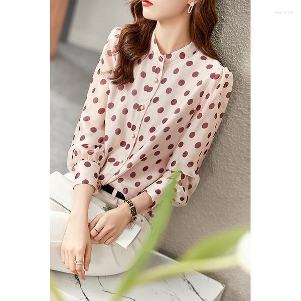 Damenblusen Vimly Elegante Organza-Bluse für Frauen 2023 Herbst Druck Polka Dot Französischer Stil Puffärmel Damenbekleidung Tops V5795