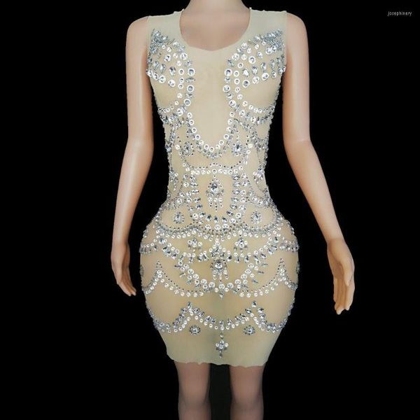 Bühnenkleidung Frauen Sexy Mesh Transparent Abend Feiern Geburtstag Sparkly Strass Sommer Ärmelloses Kurzes, Figurbetontes Kleid Party Outfit