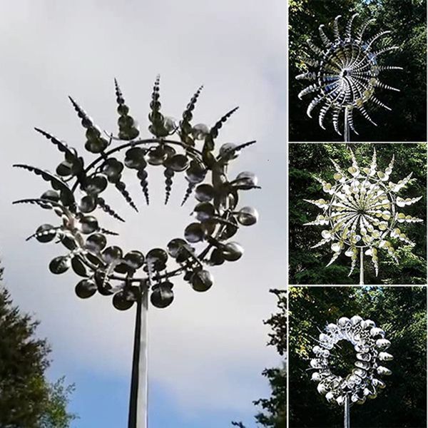 Decorazioni da giardino Mulino a vento in metallo unico e magico 3D Scultura cinetica alimentata a vento Prato Spinners solari Yard Decor 230608