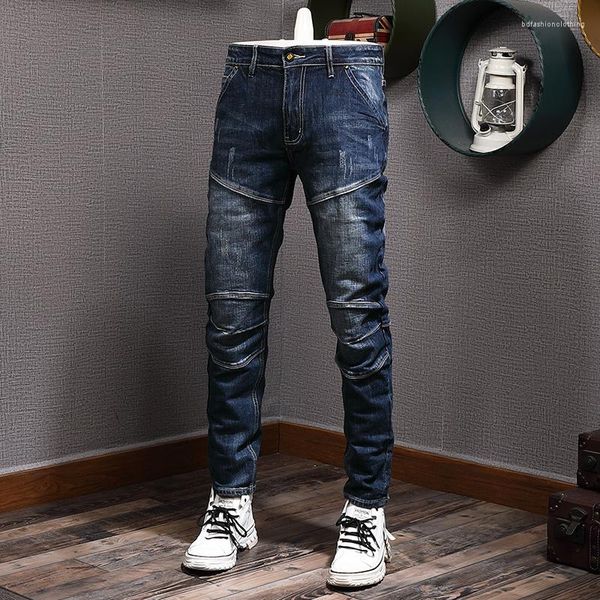 Jeans da uomo High Street Personality Men's Splicing Motorcycle Riding Blue