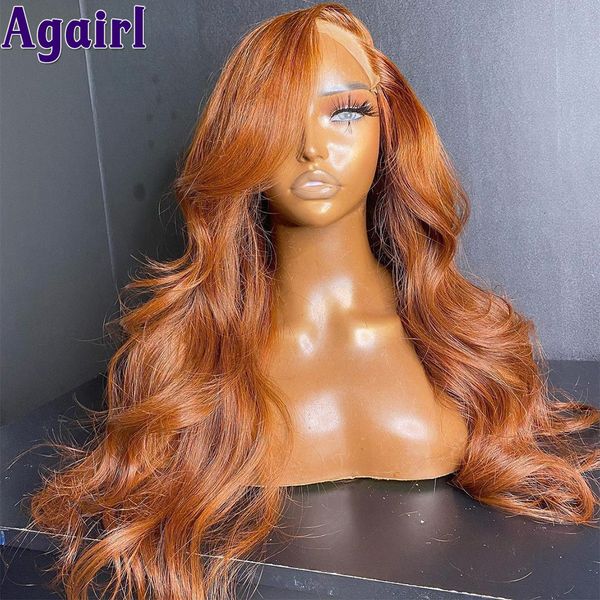 Dantelli peruklar zencefil ve bakır kahverengi 13x6 ön vücut dalgası düz insan saçı ombre turuncu şeffaf frontal 230609