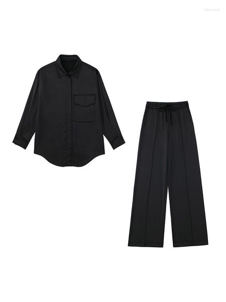 Pantaloni a due pezzi da donna Camicia oversize e pantaloni elastici in vita con coulisse Set coordinato Donna Set di raso casual nero Completi da donna