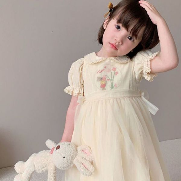 Mädchen Kleider 1 10Y Baby Kind Mädchen Frühling Sommer Creme Farbe Kinder Kleinkinder Puppenkragen Gesticktes Garn Kleid Mädchen Kleidung 230609