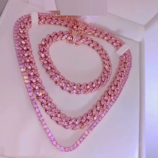 Set di gioielli da sposa 5A Cubic Zirconia 9mm rosa CZ collana a catena a maglie cubane bracciale moda oro rosa Colore Set di gioielli da donna 230608