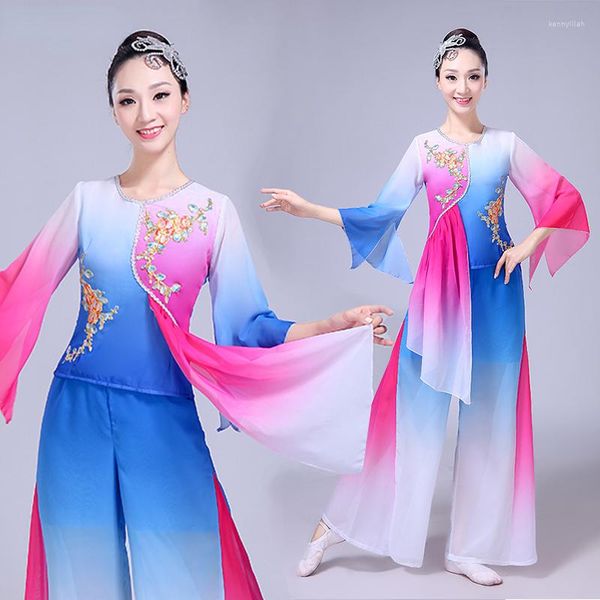 Roupas de palco Trajes tradicionais de dança clássica folclórica Yangko para mulher Cintura Tambor Traje Fan Hanfu Vestuário Hmong Clothes