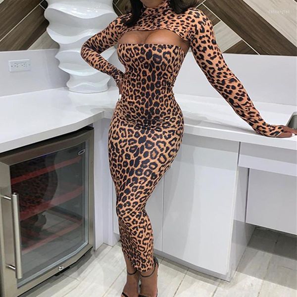 Vestidos casuais elegantes com estampa de leopardo feminino manga longa decote oco top curto vestido maxi outono inverno streetwear roupa de festa