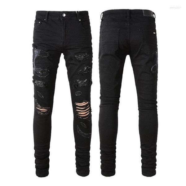 Jeans da uomo 2023 Designer da uomo con motivo a serpente ricamato Denim Streetwear Slim Skinny Stretch Pantaloni strappati con foro distrutto