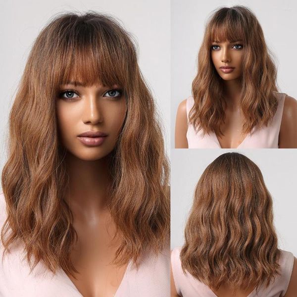 Синтетические парики Алан Итон Средний коричневый волнистый натуральные волосы для женщин Афро с челкой Симпатичный боб теплостойкий