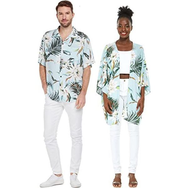 Roupa de banho feminina verão casal fit havaiano praia festa de férias planta tropical floral folha de palmeira camisa estampada ou quimono solto 230608