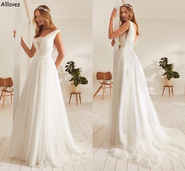 Boho-Garten-Tüll, A-Linie, Spitze, Spitze, sexy, tief, rückenfrei, Brautkleider in Übergröße, Sweep-Zug, schlichtes, rustikales Land-Empfangs-Partykleid für die Braut, Roben CL2406