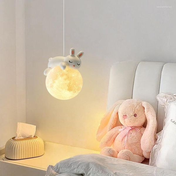 Candeeiros pendentes nórdicos LED luzes pendentes de cabeceira para crianças Decoração de urso branco moderno minimalista quarto de bebê princesa lustre suspenso