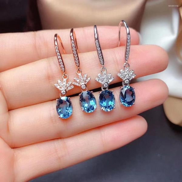 Dangle Küpeler Doğal Londra Blue Topaz S925 STERLING Gümüş Beyaz Altın Gül Leydi Taş Takı