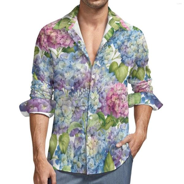 Camicie casual da uomo Bloom Flower Stampa Camicia elegante Uomo Rosa Blu Ortensia Autunno Camicette alla moda Design a maniche lunghe Top oversize