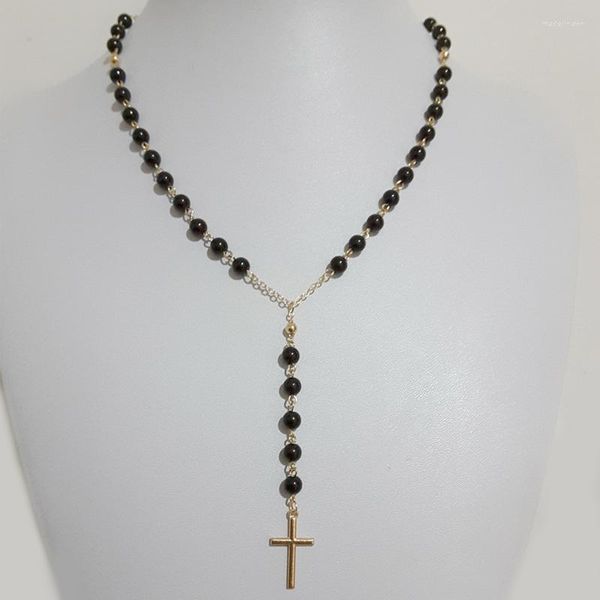 Ketten Mode Christian Kreuz Anhänger Halskette Rosenkranz Glaube Schwarze Perlen Perlen Kette Schmuck Zubehör Damen Geschenk