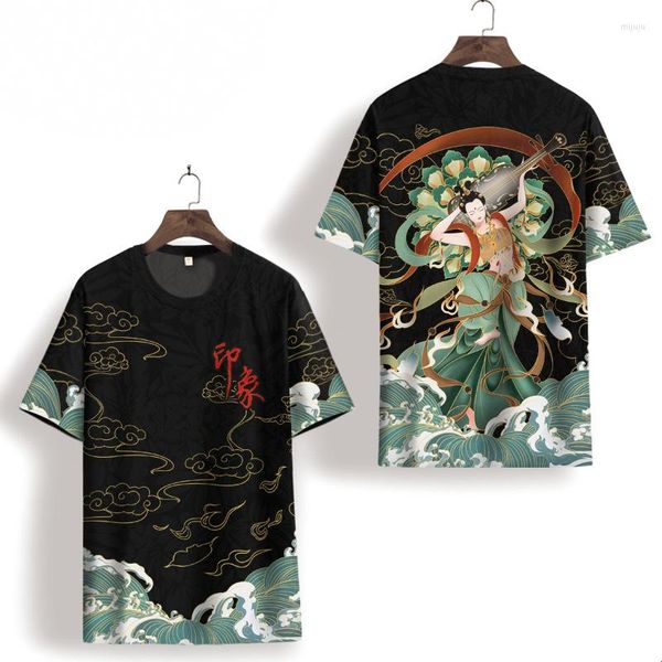 Camisetas masculinas estilo chinês Dunhuang Feitian manga curta Ice Silk secagem rápida preta camiseta casual 2023 verão All-Match