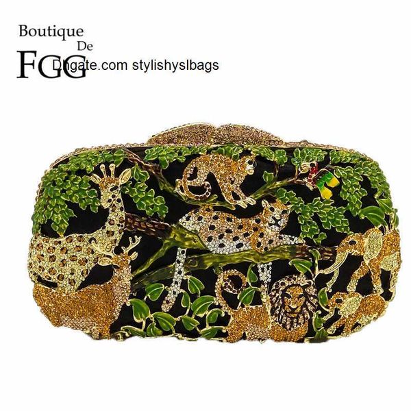 Bolsas de ombro Boutique De FGG Rain Forest Jungle Mulheres Cristal Animal Zoo Sacos de noite Senhoras Diamante Bolsa de mão para festa Nupcial Casamento Clutch Bag