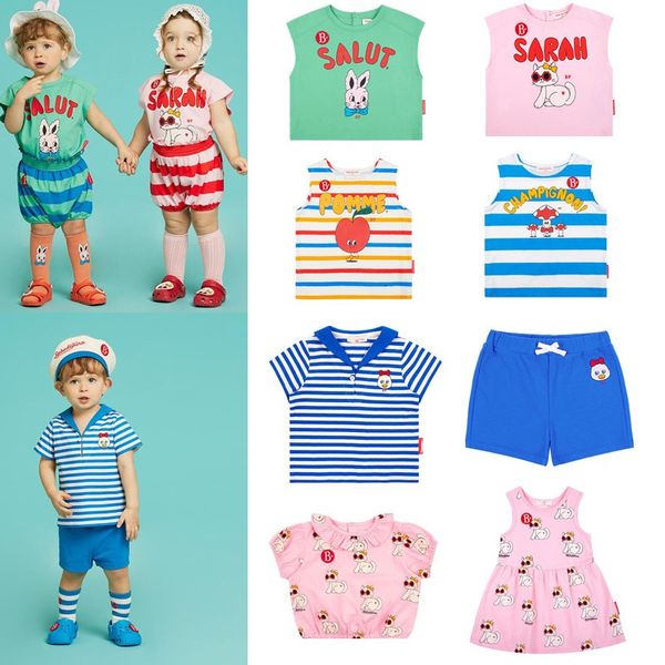 Completi di abbigliamento Bebe T-shirt per bambini coreani Cartoon Girls Dress Cute Tee Summer Striped Boy Gilet senza maniche Tshirt Jersey Pantaloncini Panno 230608