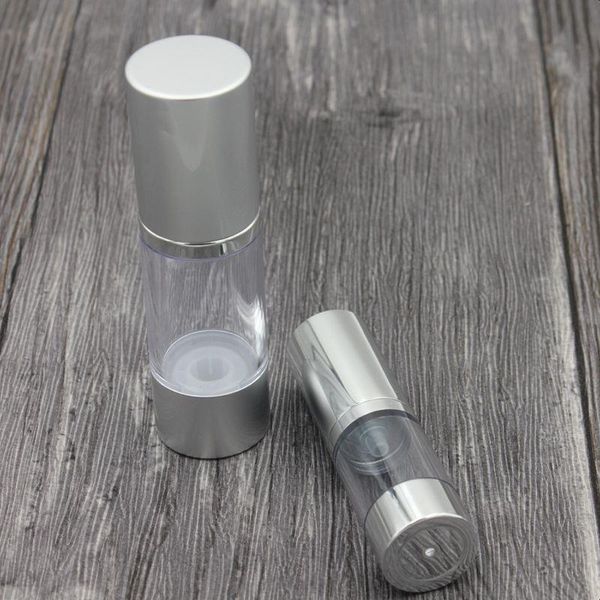 Garrafa mal ventilada cosmética vazia de prata 15ml 30ml 50ml garrafas plásticas recarregáveis portáteis da bomba para a essência líquida da loção boxhn