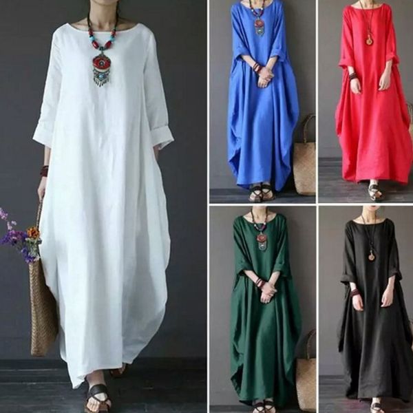 Grundlegende Freizeitkleider für Damen, Sommer, dünnes Baumwollleinen, lockeres Kleid, literarisches Boho-Langarmkleid, Dame, einfarbige Robe, Vintage-Kaftan 230608