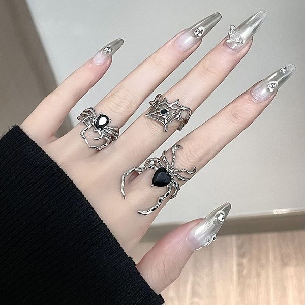 Cluster Rings Gotic Irregular Spider Webs Zircon Ring Women Black Crystal Grunge Punk Dark Animal Party Jóias Presente 230608