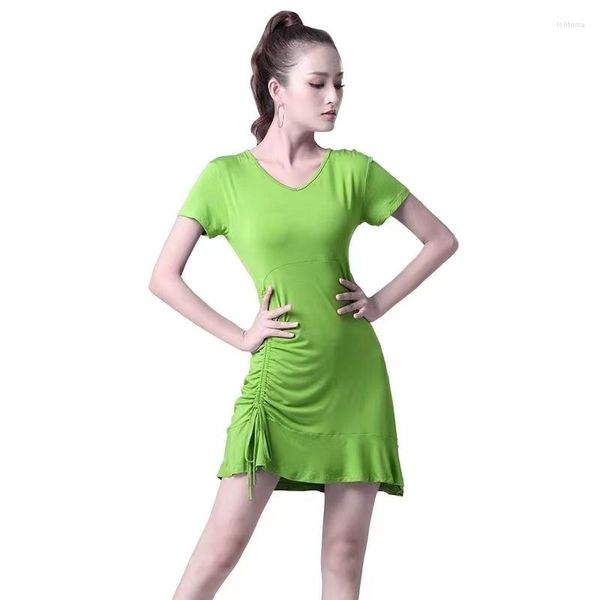 Stage Wear Green Women Latin Dance Skirt Woman Practice Dress 2023 Performance Abiti a maniche corte XXL