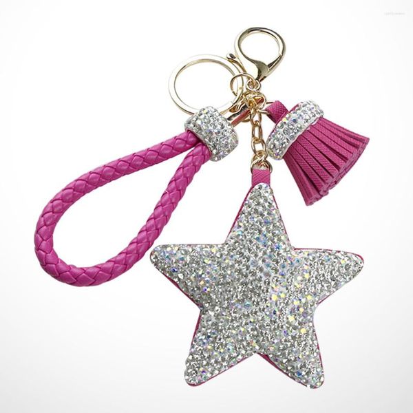 Chaveiros Rosy Rhinestone Star Gift Pentagram Key Holder Pingente PU Crystal Rings Craft Ornaments For Car Bag Hanging