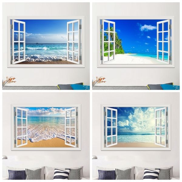 Adesivos de parede Azul Praia Natureza Céu 3D Vista da Janela Adesivo de Parede PVC Mar Paisagem Vinil Decalque Decoração do Quarto Papel de Parede Autoadesivo Imagem 230608