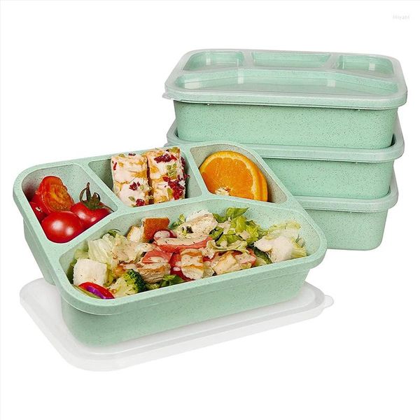 Conjuntos de louças 4 embalagens recipientes para almoço com compartimentos reutilizáveis Bento Box para crianças/crianças/adultos empilháveis verde