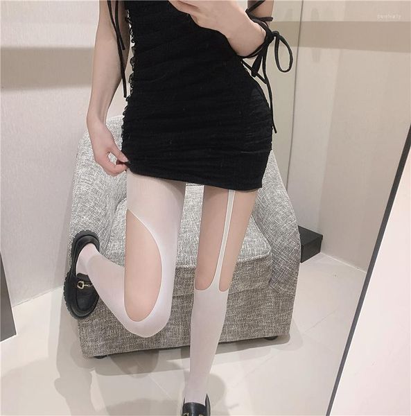 Calze da donna Calze Lolita Foro irregolare Bretelle asimmetriche in seta nera Collant sottili JK sottili e coscia alta