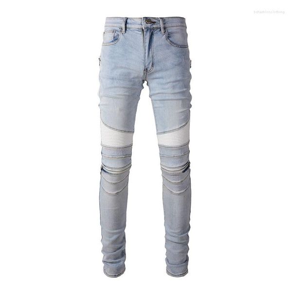 Calça Jeans Masculina de Couro Branco com Remendo no Joelho Motociclista Streetwear Skinny Calças Afuniladas Azul Claro Zíperes