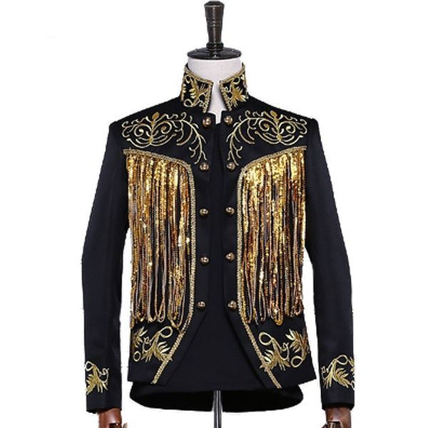 Ternos Masculinos Blazers Dourado Prata Brilhante Borla Lantejoulas Bordado Duplo Seios Fato Cantor Jaqueta Masculina Slim Fit Blazer Designs 230608