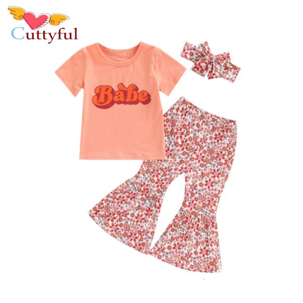 Kleidungssets 15 Jahre Kinder Mädchen Blumenkleidung Kausal Kurzarm T-Shirts Flare Hosen Stirnband 3 Stücke Sommer Kinder Outfits 230608