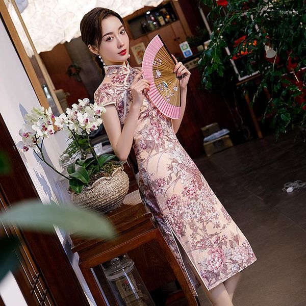 Etnik Giyim Bahar 2023 Orta uzun çift katmanlı ipek Cheongsam, kısa kollu şık ve zarif elbise Çinli bayan qipao