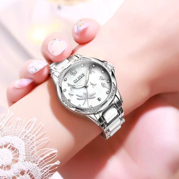 Relógio feminino Olevs totalmente automático, sala mecânica, pulseira de aço cerâmico, relógio feminino 32 mm